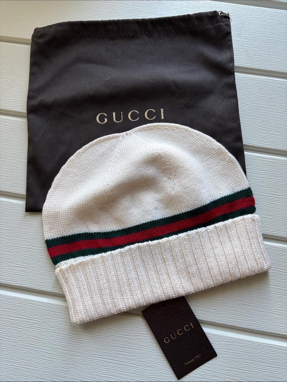 Gucci White Knit Beanie with Green and Red Web Stripe